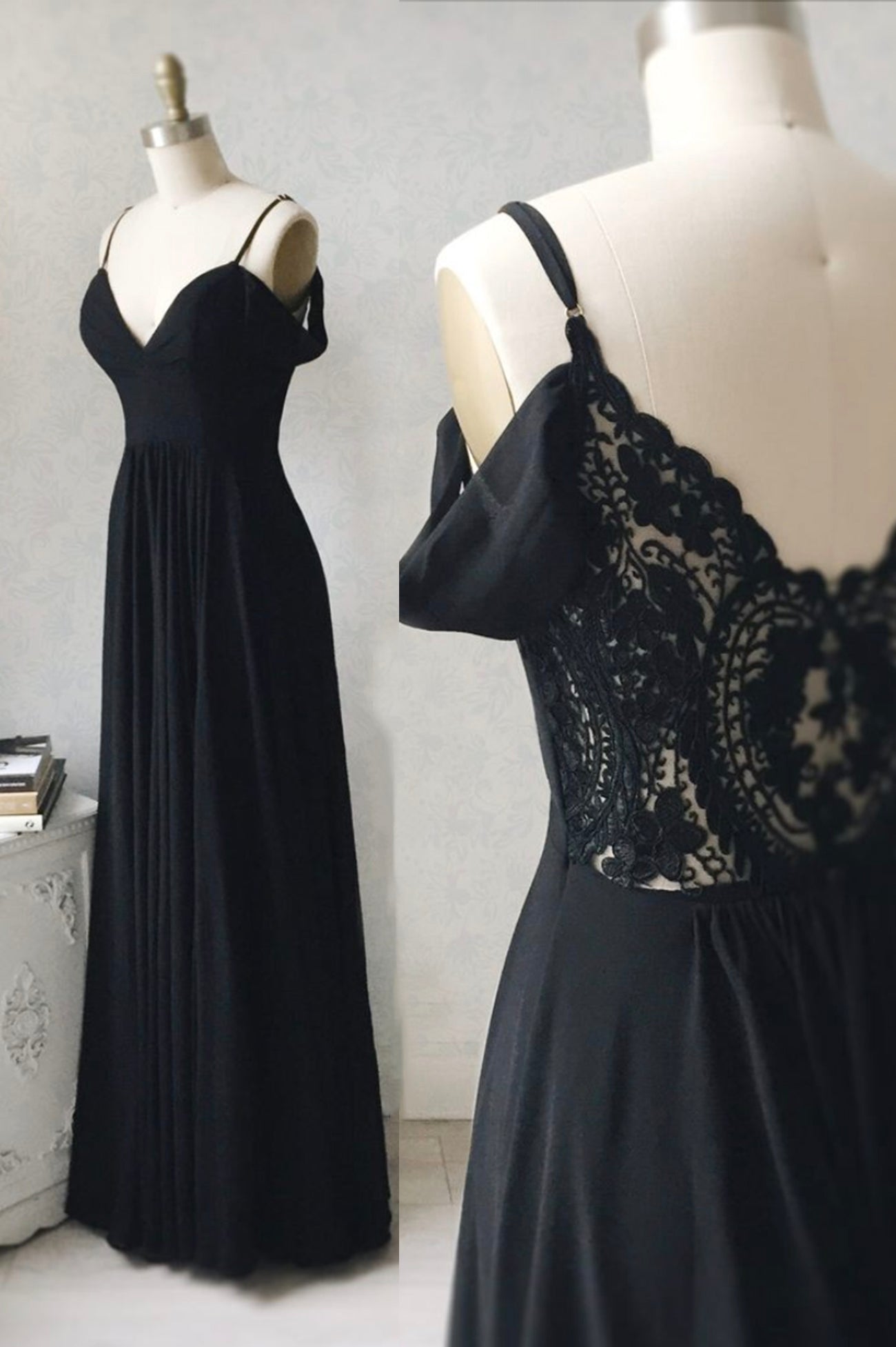 Bridesmaides Dresses Long, Black Chiffon Lace Long Prom Dresses, A-Line Evening Dresses