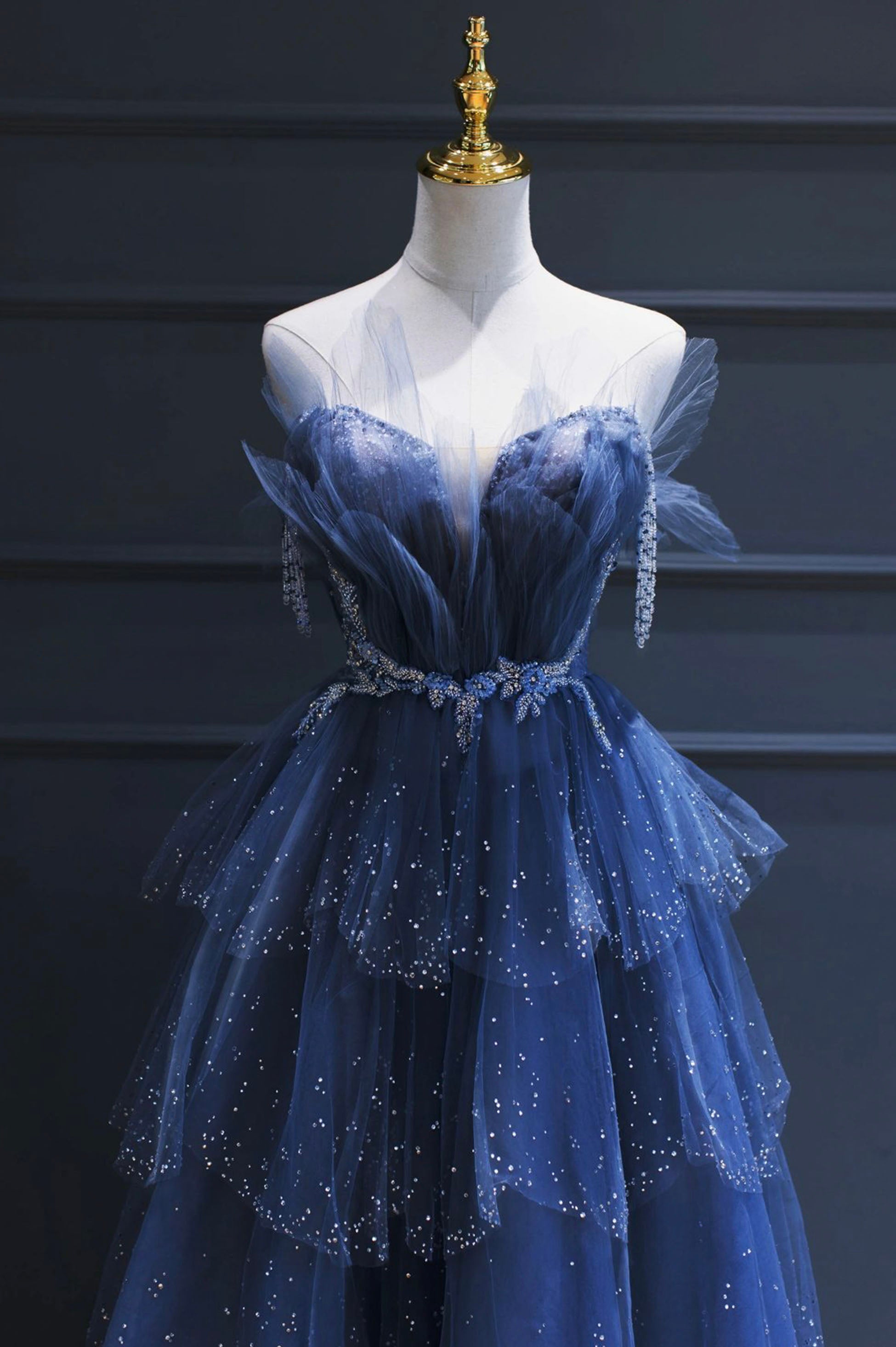 Party Dresses Designer, Blue Tulle Beaded Long Senior Prom Dress, A-Line Blue Formal Dress