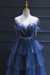 Party Dresses Designer, Blue Tulle Beaded Long Senior Prom Dress, A-Line Blue Formal Dress