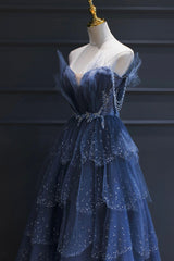 Party Dress Designer, Blue Tulle Beaded Long Senior Prom Dress, A-Line Blue Formal Dress