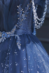 Party Dresses Designs, Blue Tulle Beaded Long Senior Prom Dress, A-Line Blue Formal Dress