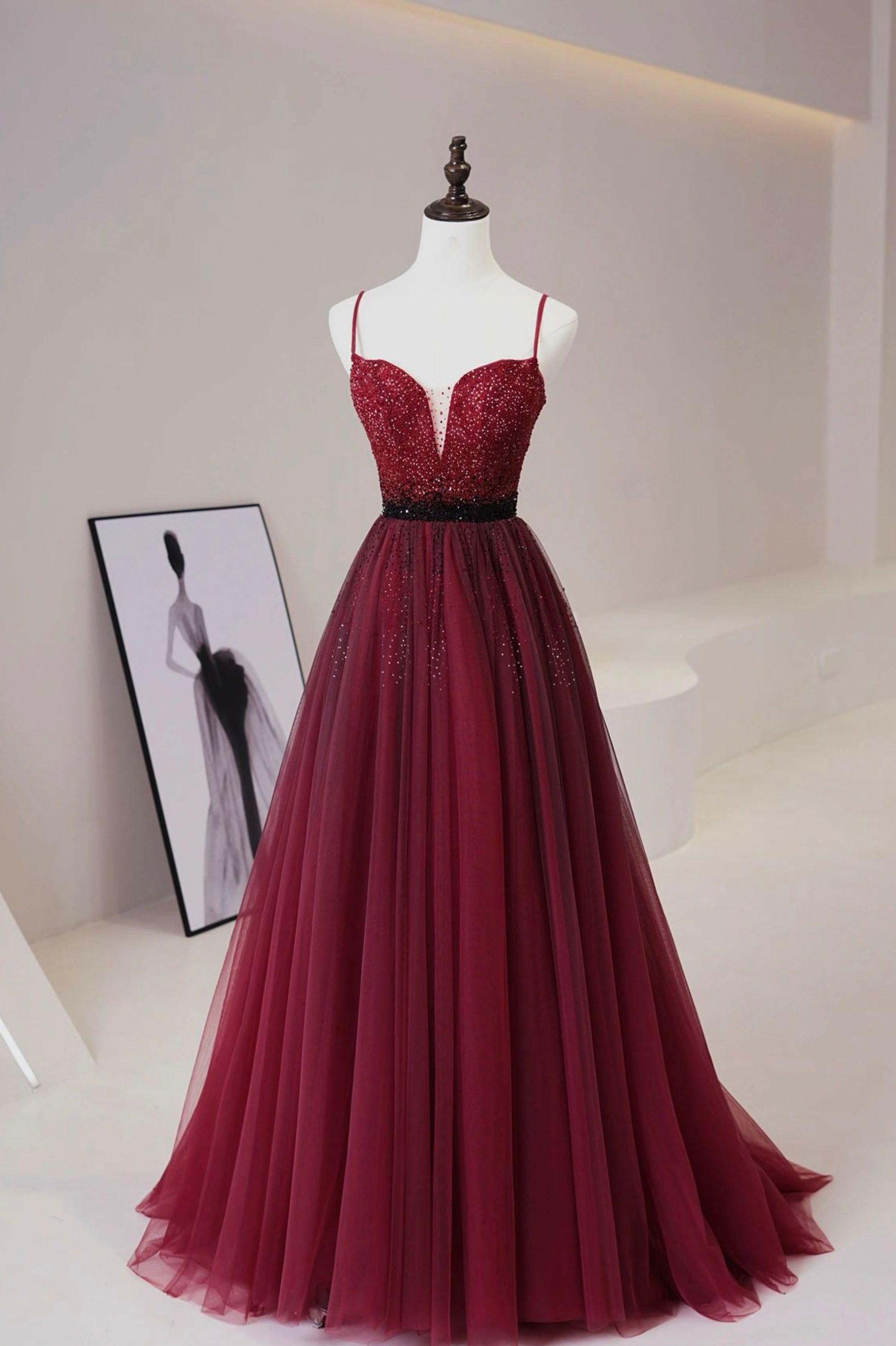 Formal Dresses Elegant Classy, Burgundy Tulle Beaded Long Prom Dress, A-Line Spaghetti Strap Evening Dress