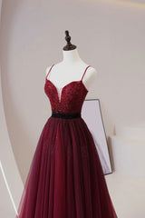 Formal Dress Short, Burgundy Tulle Beaded Long Prom Dress, A-Line Spaghetti Strap Evening Dress