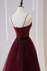 Formals Dresses Short, Burgundy Tulle Beaded Long Prom Dress, A-Line Spaghetti Strap Evening Dress