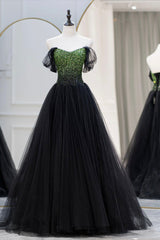 Bridesmaid Dresses Pinks, Black Tulle Long A-Line Prom Dress, Black Evening Dress with Green Beaded