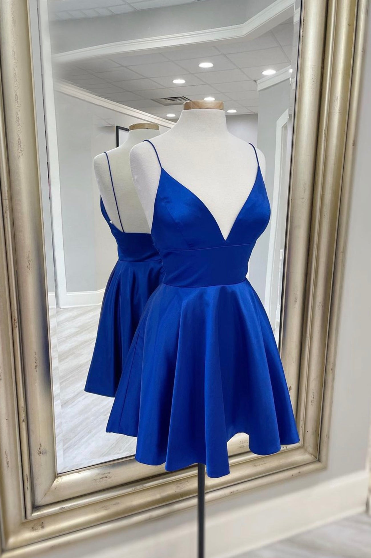 Glam Dress, Blue V-Neck Satin Short Prom Dresses, A-Line Party Dresses