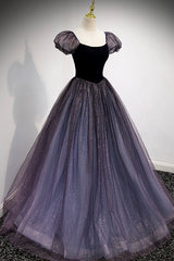 Party Dresses Short, Purple Velvet Tulle Long Prom Dresses, A-Line Evening Dresses