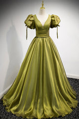 Prom Dresses Long Mermaid, Green V-Neck Long Prom Dresses, A-Line Evening Dresses