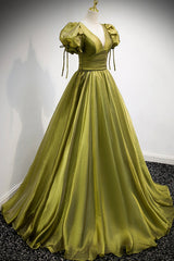 Prom Dresses For Curvy Figure, Green V-Neck Long Prom Dresses, A-Line Evening Dresses