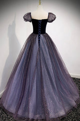 Party Dress Outfit, Purple Velvet Tulle Long Prom Dresses, A-Line Evening Dresses