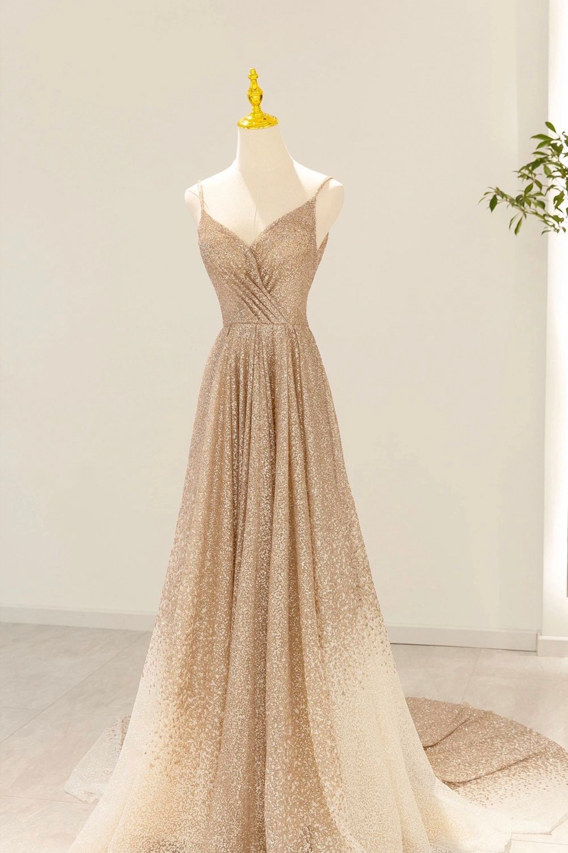 Prom Dress Casual, Gold V-Neck Sequins Long Prom Dress, A-Line Evening Party Dress