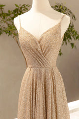 Prom Dresses Sale, Gold V-Neck Sequins Long Prom Dress, A-Line Evening Party Dress