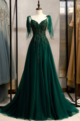 Prom Dresses 2042 Black, Green V-Neck Lace Long Prom Dresses, A-Line Evening Dresses