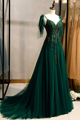 Prom Dress Tight Fitting, Green V-Neck Lace Long Prom Dresses, A-Line Evening Dresses