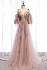 Floral Dress, A-Line Tulle Long Prom Dresses, Lace Evening Dresses