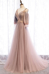 Short Dress, A-Line Tulle Long Prom Dresses, Lace Evening Dresses