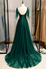 Prom Dresses Tight Fitting, Green V-Neck Lace Long Prom Dresses, A-Line Evening Dresses