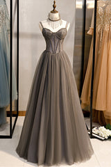 Prom Dresses Aesthetic, Gray Tulle Spaghetti Strap Long Prom Dresses, A-Line Evening Dresses