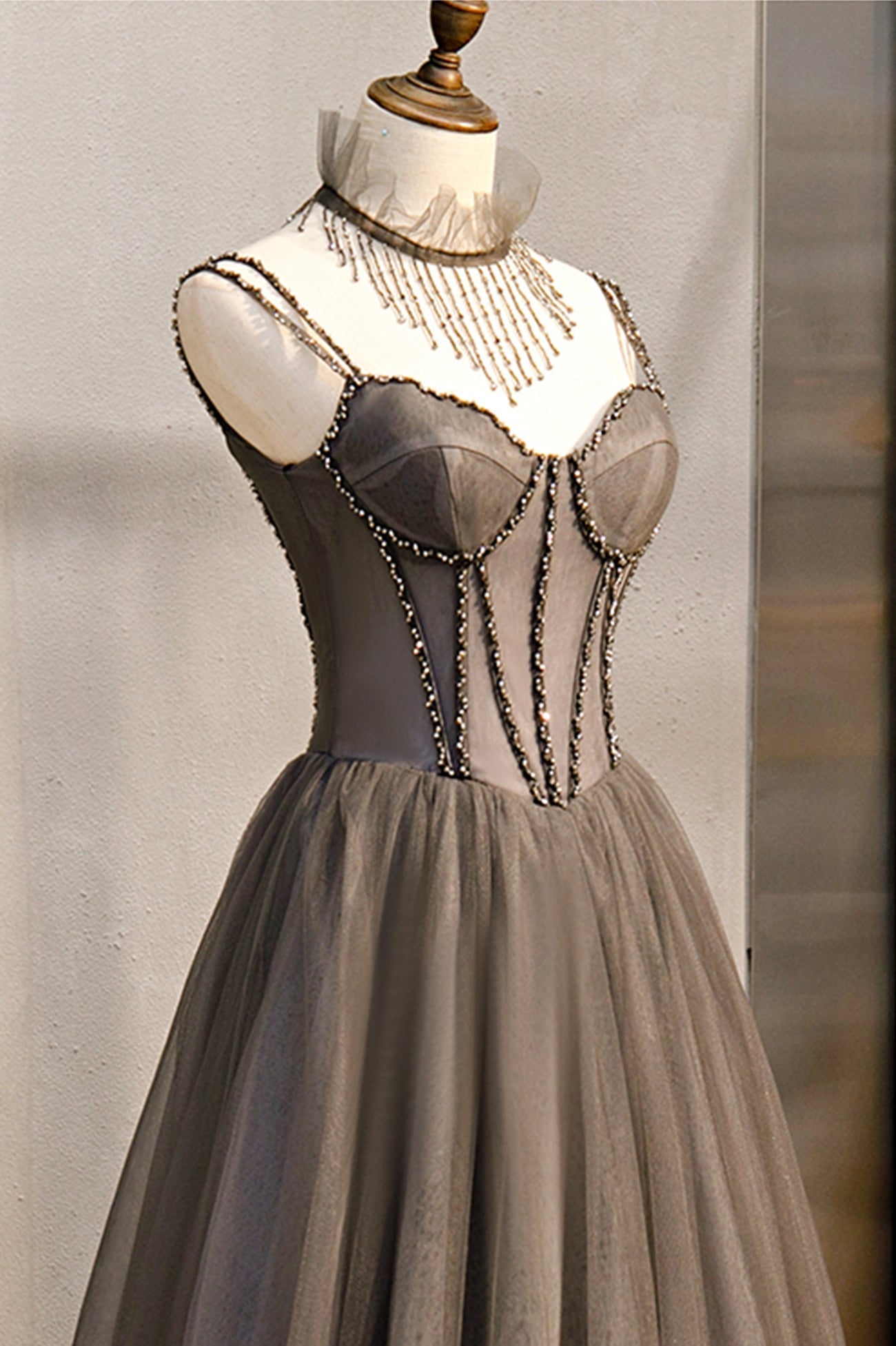 Prom Dress Types, Gray Tulle Spaghetti Strap Long Prom Dresses, A-Line Evening Dresses