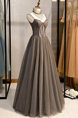 Prom Dress Type, Gray Tulle Spaghetti Strap Long Prom Dresses, A-Line Evening Dresses