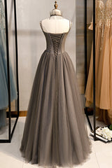 Prom Dress Aesthetic, Gray Tulle Spaghetti Strap Long Prom Dresses, A-Line Evening Dresses