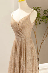 Prom Dress Sales, Gold V-Neck Sequins Long Prom Dress, A-Line Evening Party Dress