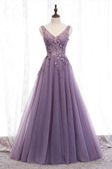 Party Dress Idea, Purple V-Neck Lace Long Prom Dresses, A-Line Evening Party Dresses