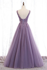 Party Dress Outfits, Purple V-Neck Lace Long Prom Dresses, A-Line Evening Party Dresses