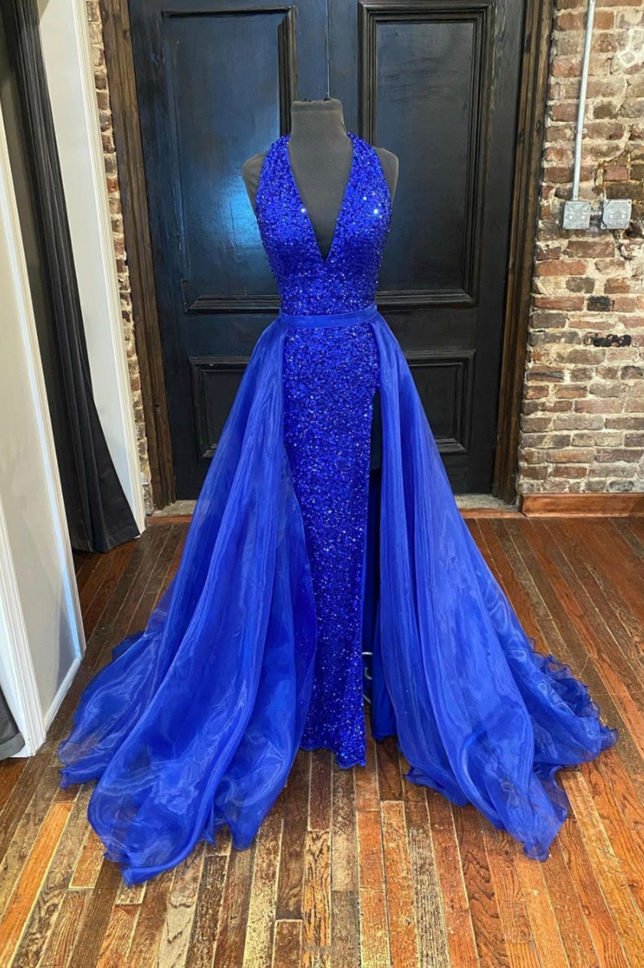Little Black Dress, Blue V-Neck Sequins Long Prom Dresses, Blue Formal Evening Dresses