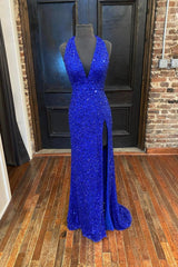 Gown Dress Elegant, Blue V-Neck Sequins Long Prom Dresses, Blue Formal Evening Dresses