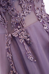 Party Dresses Cheap, Purple V-Neck Lace Long Prom Dresses, A-Line Evening Party Dresses