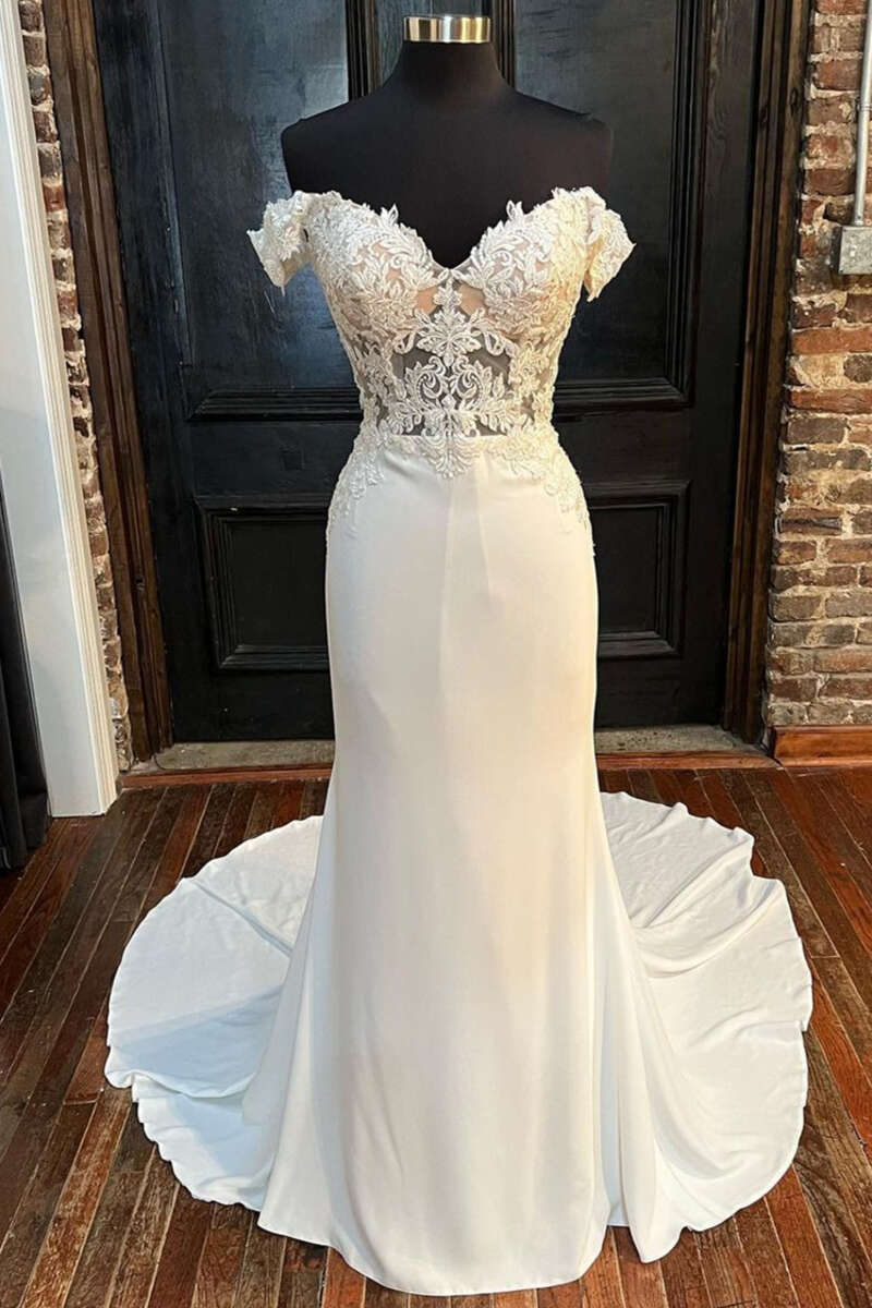 Wedding Dress Lace Simple, White Lace Off-the-Shoulder Mermaid Long Wedding Gown