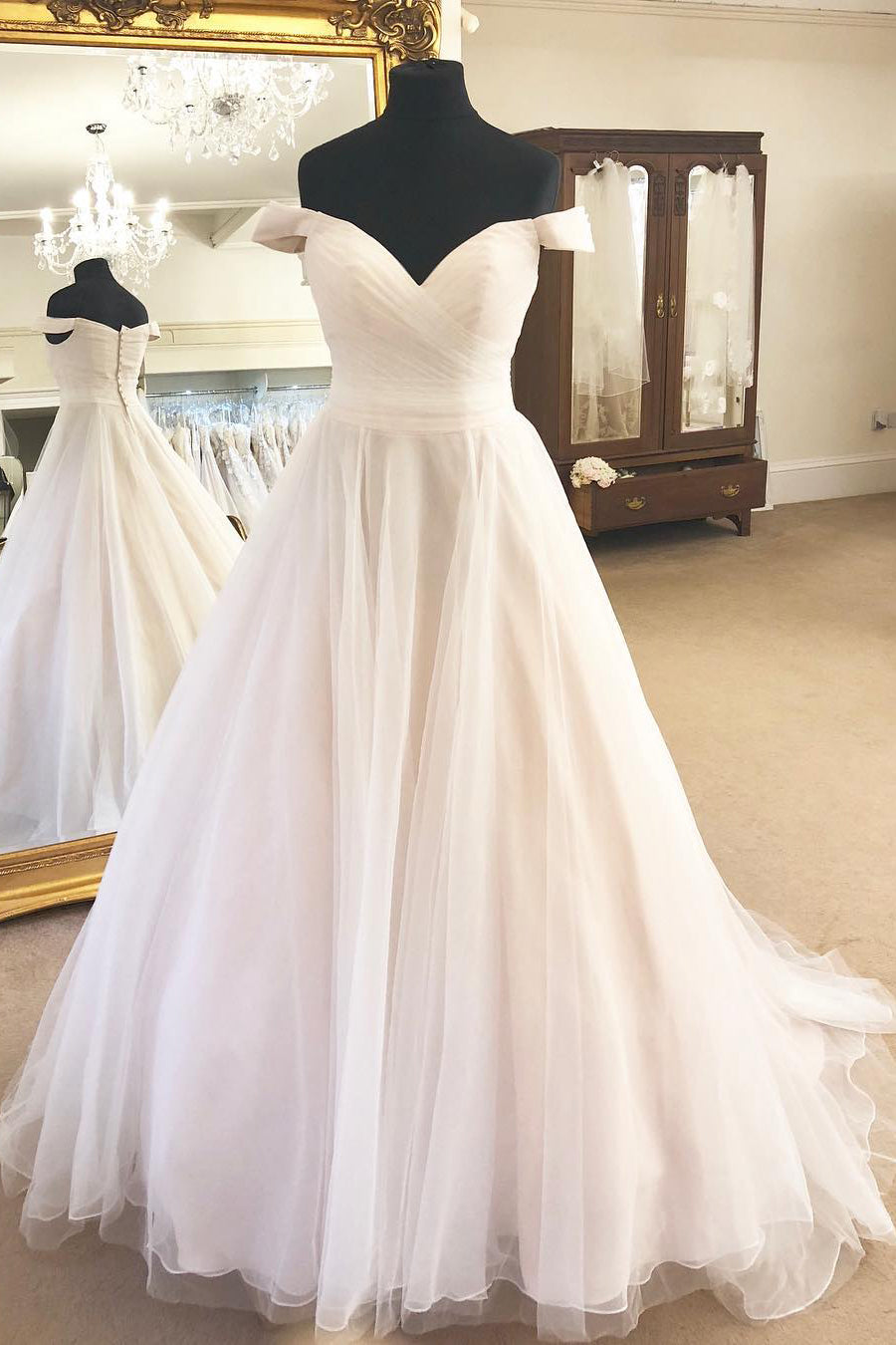 Wedding Dresses Elegant Classy, Off the Shoulder A-Line Ivory Wedding Dress with Pleats