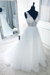 Wedding Dresses Elegant Simple, See-Through Lace Top White Wedding Dress