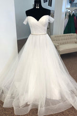 Wedding Dresses Classy Elegant, Off the Shoulder Pleated Wedding Dress with Beaded Waist