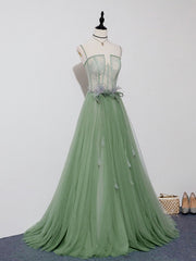 Evening Dress Princess, Green Tulle Lace Long Prom Dress, Green Tulle Evening Dress, 3