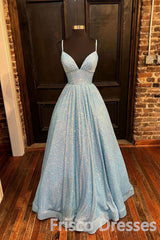 Party Dress Style Shop, Blue A-Line V-Neck Simple Sequin Formal Evening Dresses Long Prom Dresses
