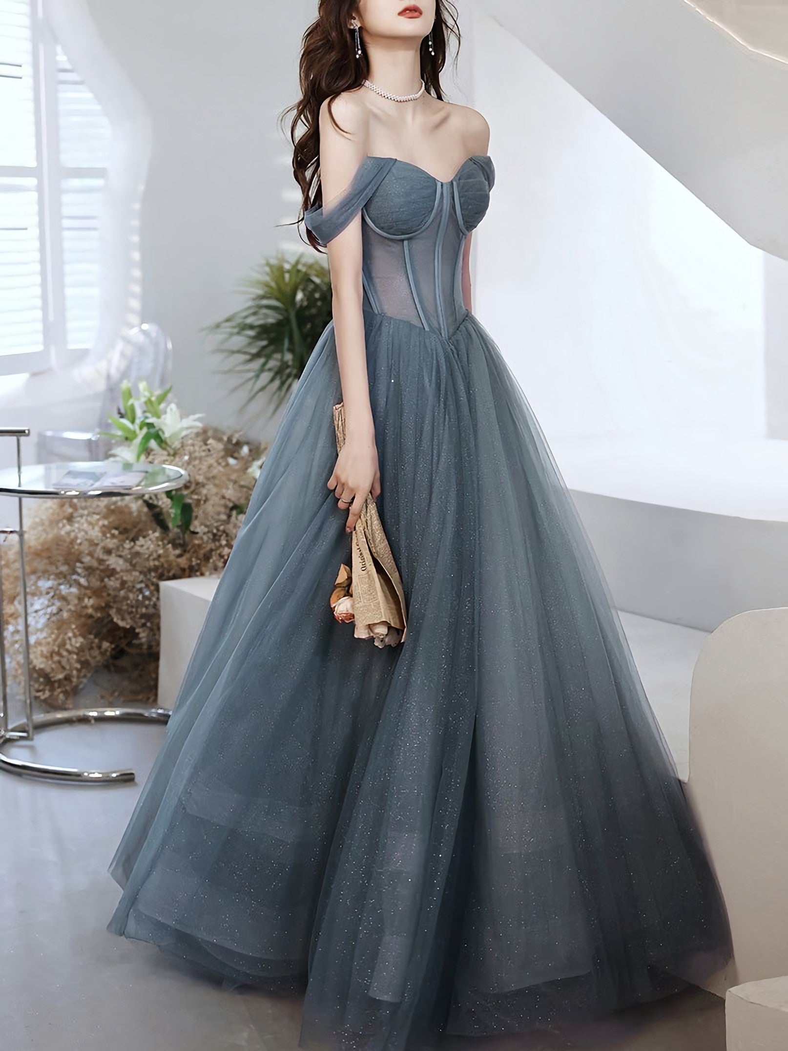 Homecoming Dresses Vintage, A Line Sweetheart Neck Gray Blue Tulle Long Prom Dress, Blue Evening Dress