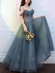 Homecomeing Dresses Vintage, A Line Sweetheart Neck Gray Blue Tulle Long Prom Dress, Blue Evening Dress