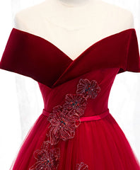 Formal Dresses Truworths, Burgundy Tulle Off Shoulder Long Prom Dress, Burgundy Formal Dress