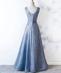 Prom Dresses Simple, Unique Blue Sequin Long Prom Dress, Blue Formal Dress