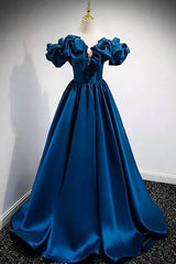 Prom Dresses 2039 Long Sleeve, A-Line Dark Blue Off-the-Shoulder Stain Prom Gown