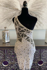 Engagement Dress, White One Shoulder Beaded Sheath Homecoming Dress with Wing