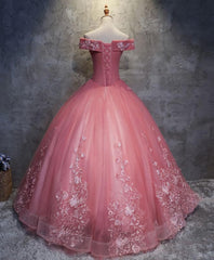 Homecoming Dress Under 67, Pink Tulle Lace Off Shoulder Long Prom Dress, Pink Tulle Evening Dress, 1