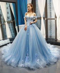 Prom Dresses Sale, Blue Off Shoulder Tulle Lace Long Prom Gown Blue Evening Dress