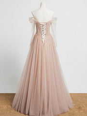 Formal Dresses Floral, Champagne Pink Tulle Beads Long Prom Dress, Champagne Evening Dress