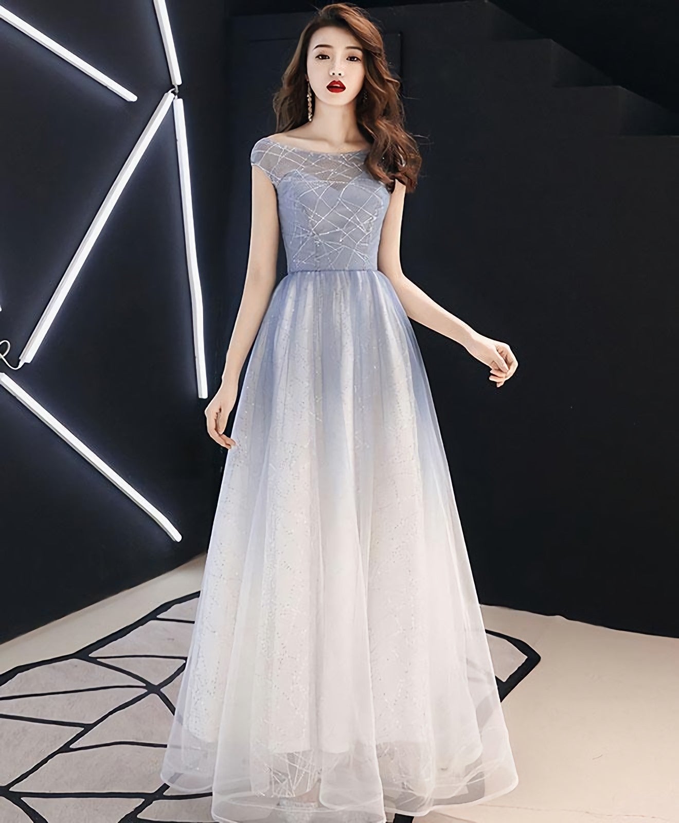 Prom Dresses Long Sleeves, Blue Round Neck Tulle Long Prom Dress, Blue Tulle Evening Dress