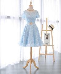 Formal Dresses For Ladies Over 67, Cute Blue Lace Short Prom Dress, Blue Homecoming Dress