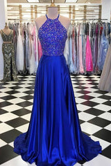 Bridesmaid Nail, blue a line beads long prom dress blue evening dress