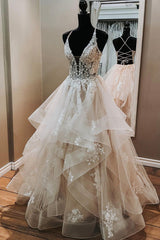 Homecomming Dress Long, Champagne V-Neck Tulle Long Prom Dresses, A-Line Formal Evening Dresses